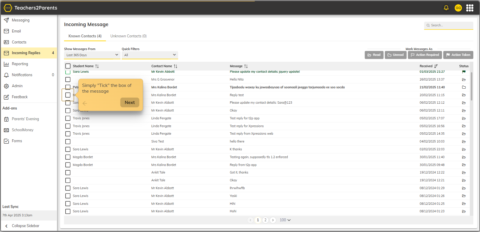 Incoming Message Status Flags