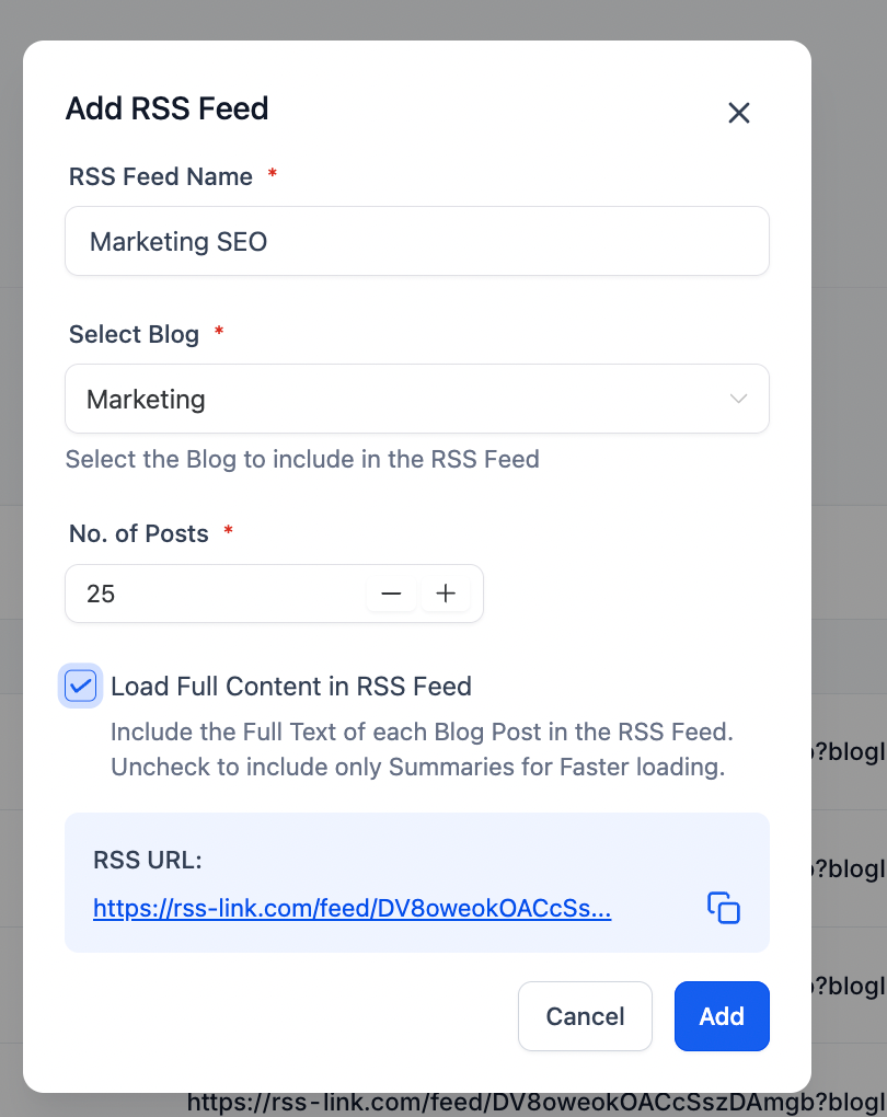 Setarea specificațiilor unui feed RSS în Programatic