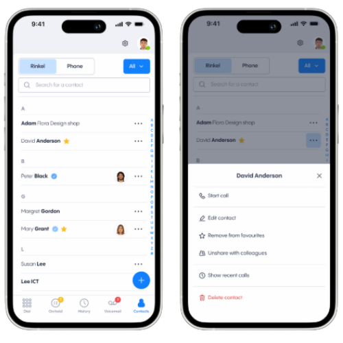 Rinkel contacts in the mobile app