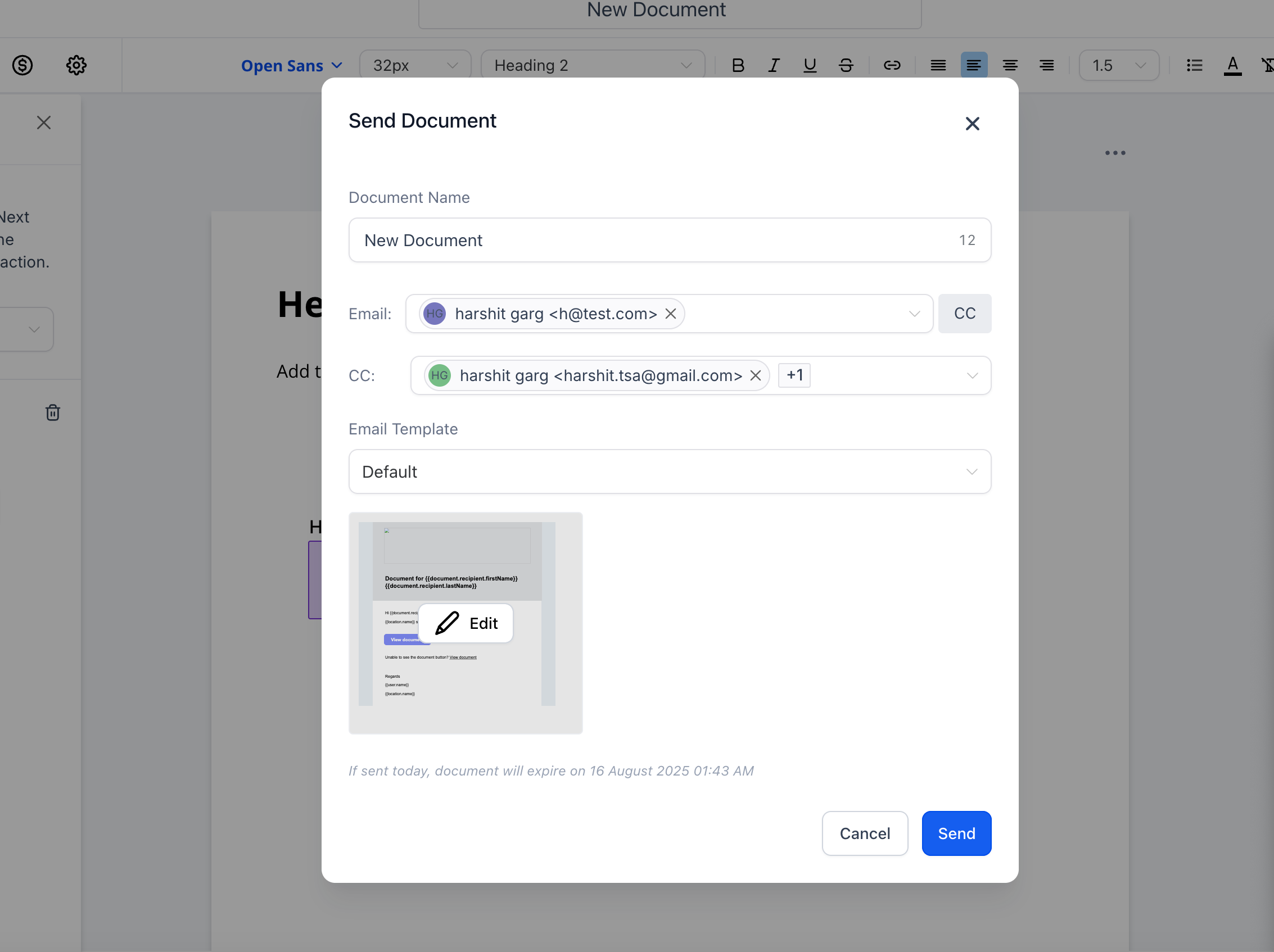 Improved Document Sending Modal 1 Edit Icon Screenshot